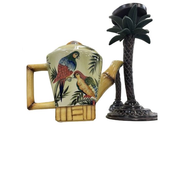 Pacific Rim Ceramic Tea Pot‎ Hand Painted Parrots Palm Trees Bamboo 8.5" - Picture 9 of 11